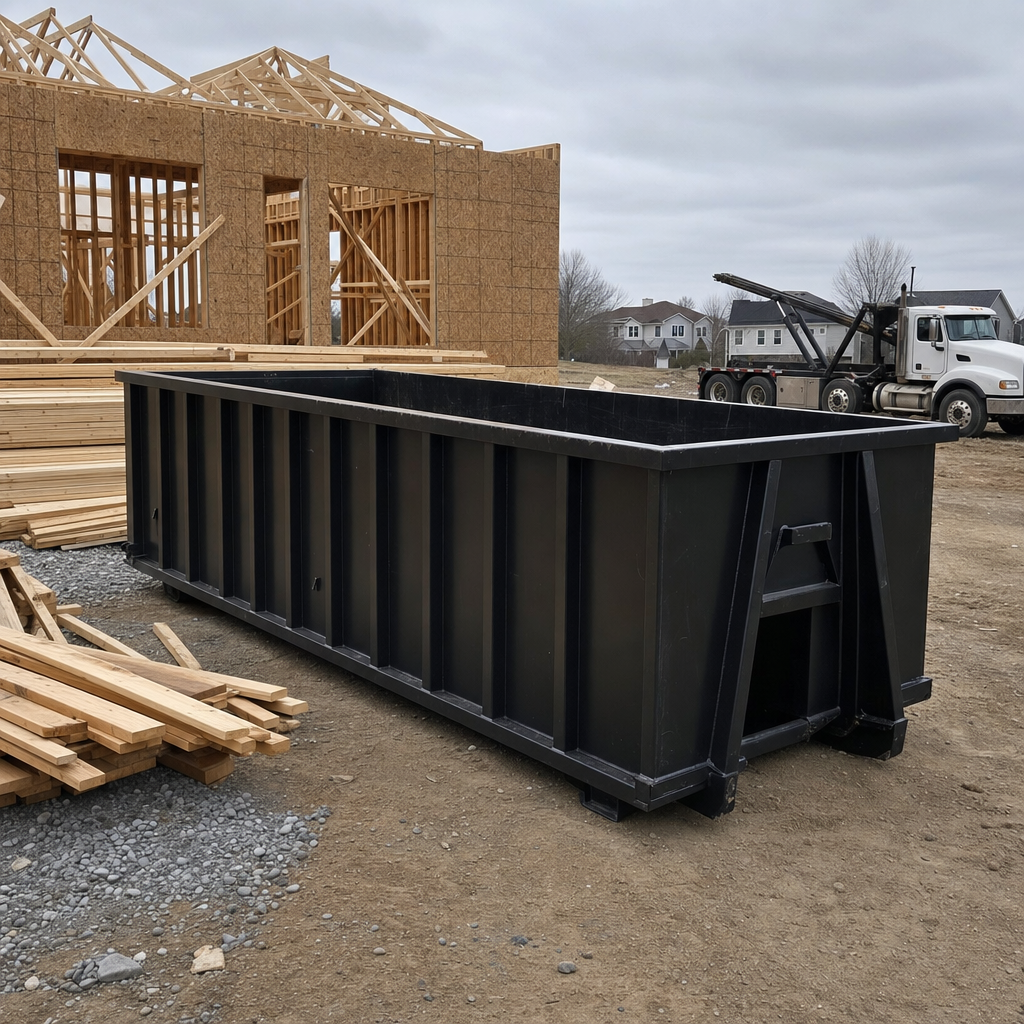 Matte-black 40-yard roll-off dumpster staged on a framed-out residential construction site in Palo Alto, framing lumber stacked nearby, hooklift delivery truck visible in the background under bright Colorado daylight