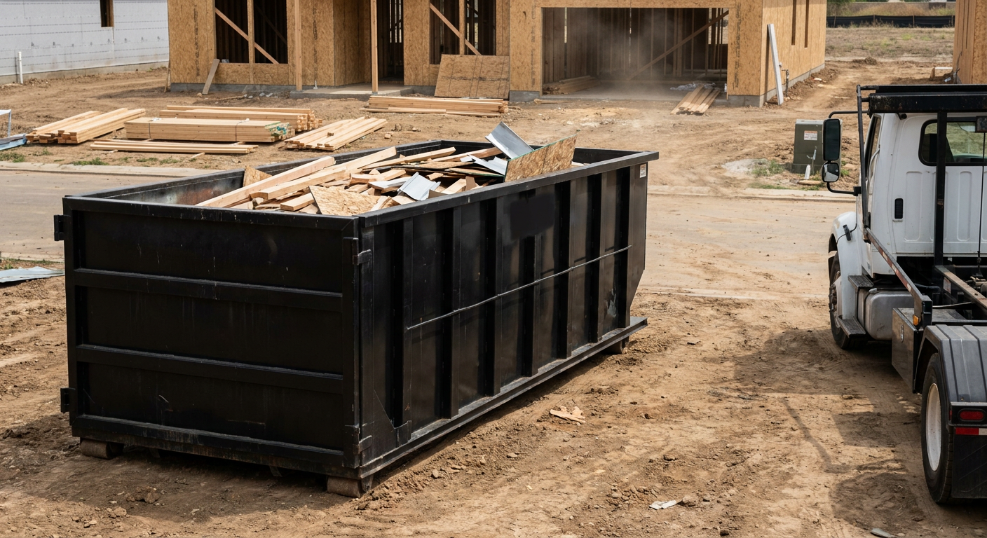 Matte-black 20-yard roll-off construction dumpster with heavy ribbed steel sidewalls and swing rear doors at a working jobsite in Palo Alto, sitting directly on compacted dirt with an unmarked white hauler partially visible at the far edge of the frame.