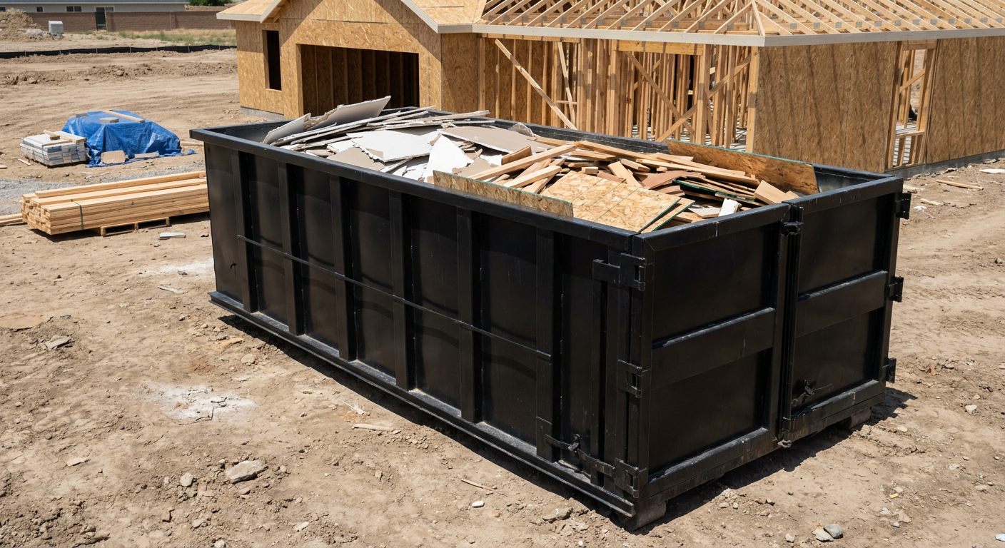 Matte-black 30-yard roll-off construction dumpster sitting directly on the compacted-dirt site of a framed single-family home build in Palo Alto, drywall and lumber scrap loaded inside.
