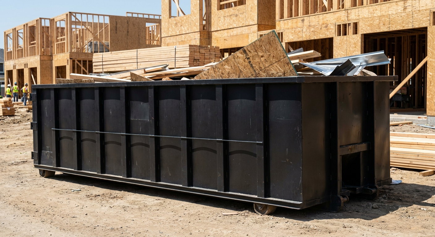 Matte-black 40-yard roll-off construction dumpster being lowered from a white-cab hooklift delivery truck onto the compacted-dirt jobsite at a commercial build site in Palo Alto