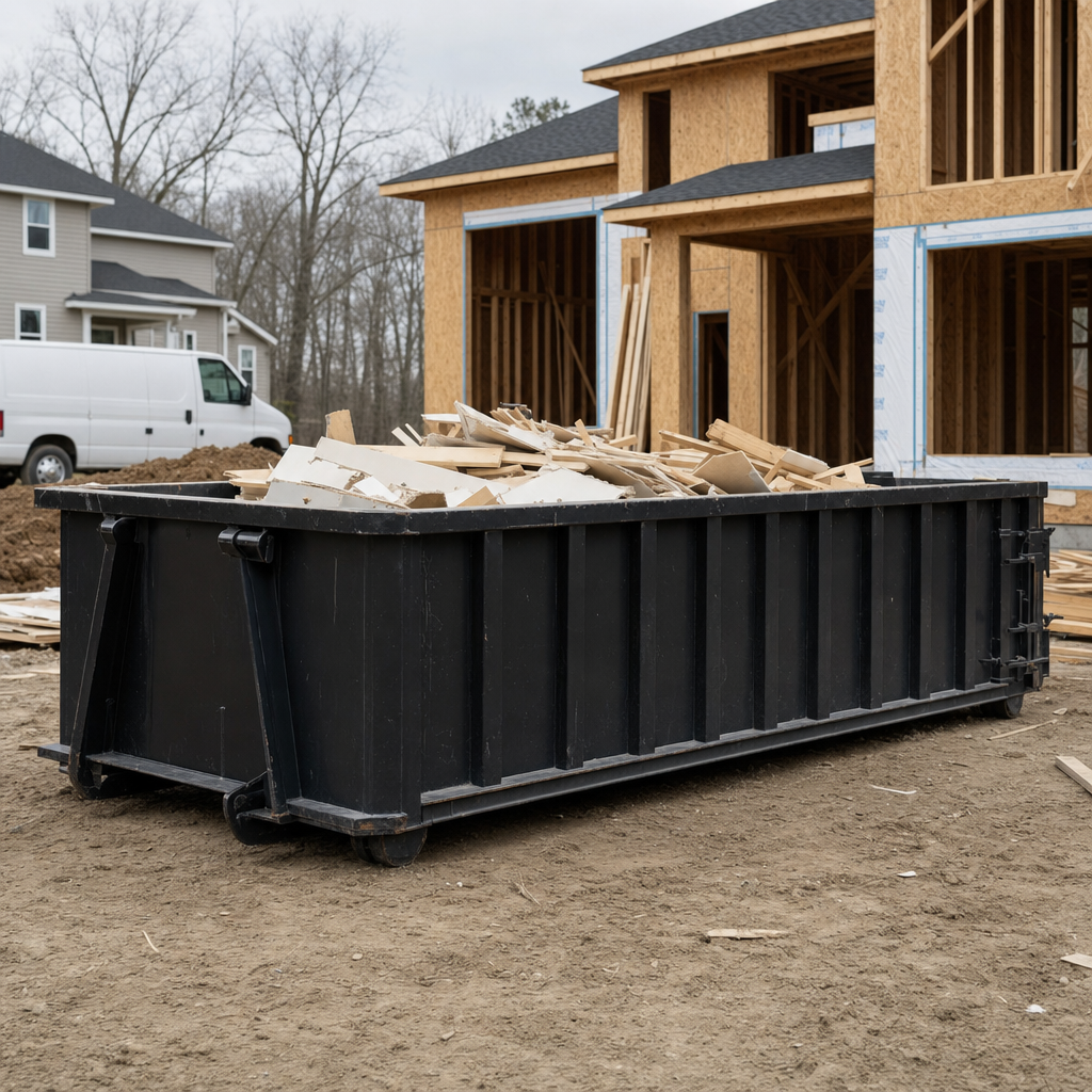 Worker in a yellow high-visibility vest tossing framing lumber and broken drywall into a matte-black 30-yard construction roll-off dumpster on an active build site in Palo Alto, bright daylight