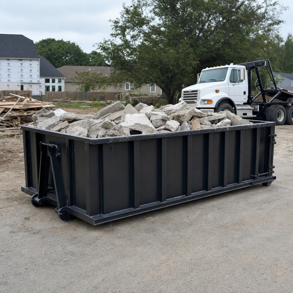 Low-profile matte-black lowboy roll-off dumpster loaded with broken concrete slab and rebar at a foundation tear-out in Palo Alto, skid steer parked beside it, sunny Colorado morning