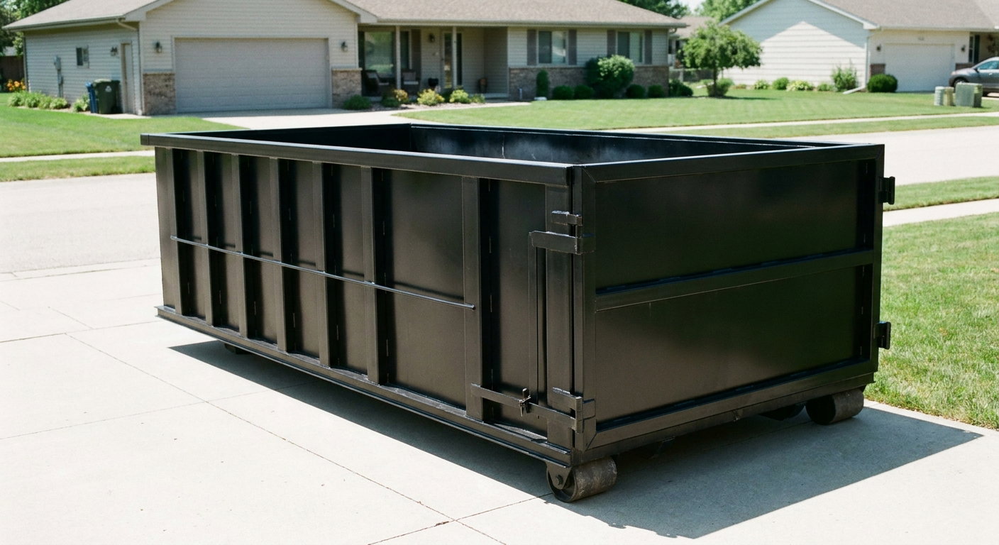 Matte-black 10-yard roll-off dumpster on a residential concrete driveway in Palo Alto, uniformly painted matte black across every panel and rail, ribbed steel sidewalls and rear swing door visible, mid-day daylight.
