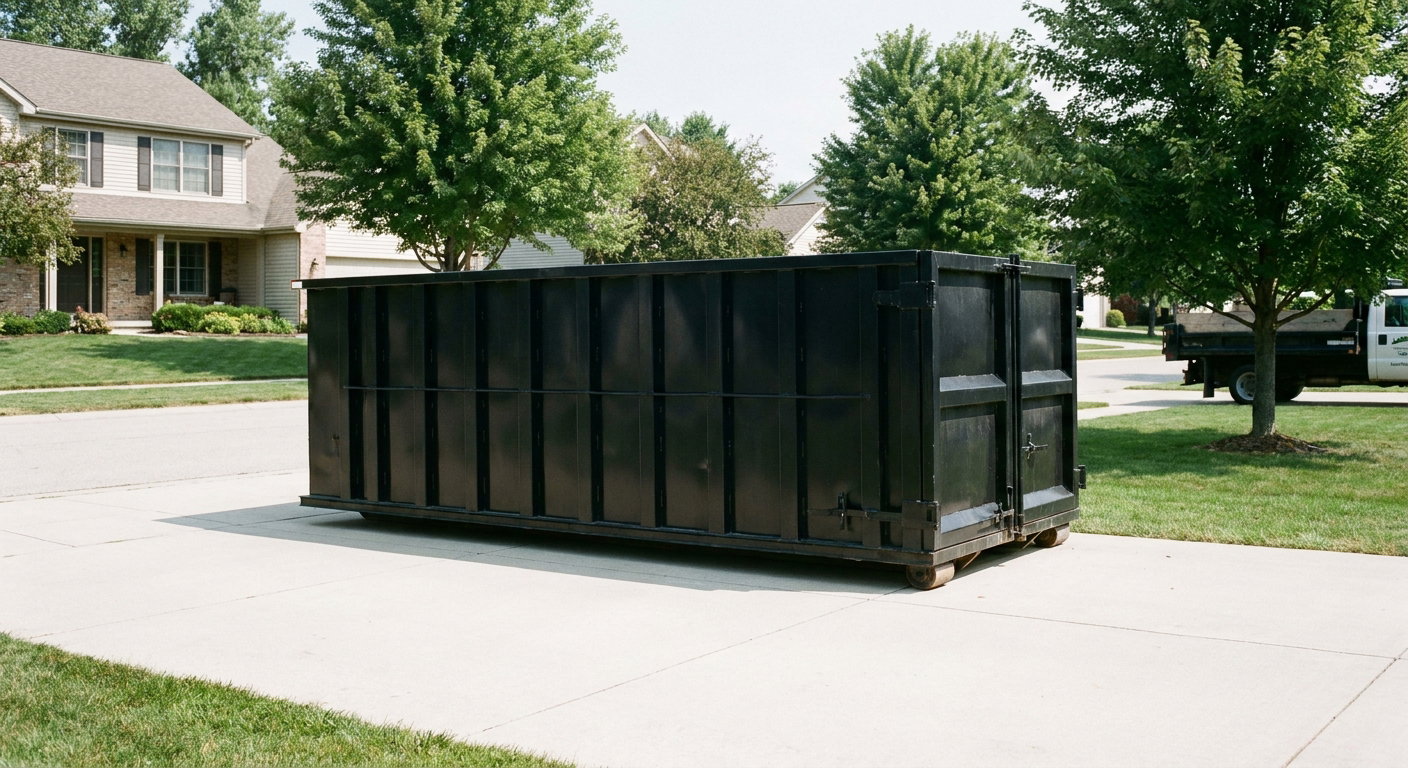 Matte-black 20-yard roll-off dumpster sitting level on a clean Palo Alto residential concrete driveway under bright daylight, demonstrating clean placement directly on the concrete.