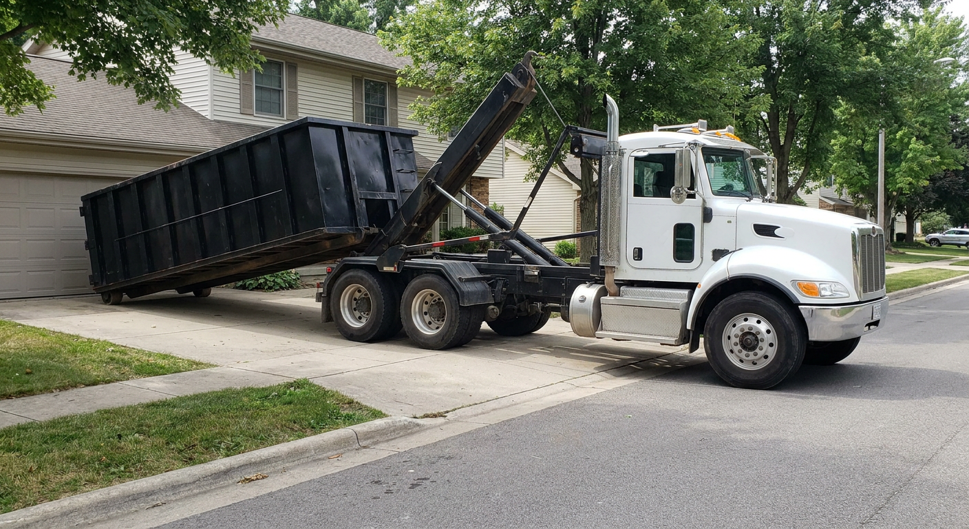 White-cab hooklift roll-off truck actively lowering a matte-black dumpster onto a Palo Alto residential concrete driveway, the dumpster's rear wheels touching the driveway as the hoist arm tilts the bed forward, mid-morning daylight.