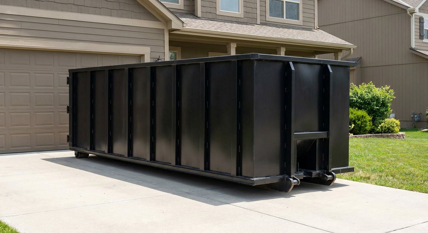 Matte-black residential roll-off dumpster sitting directly on a suburban Palo Alto concrete driveway, garage door closed, single-family home in background, bright morning daylight.