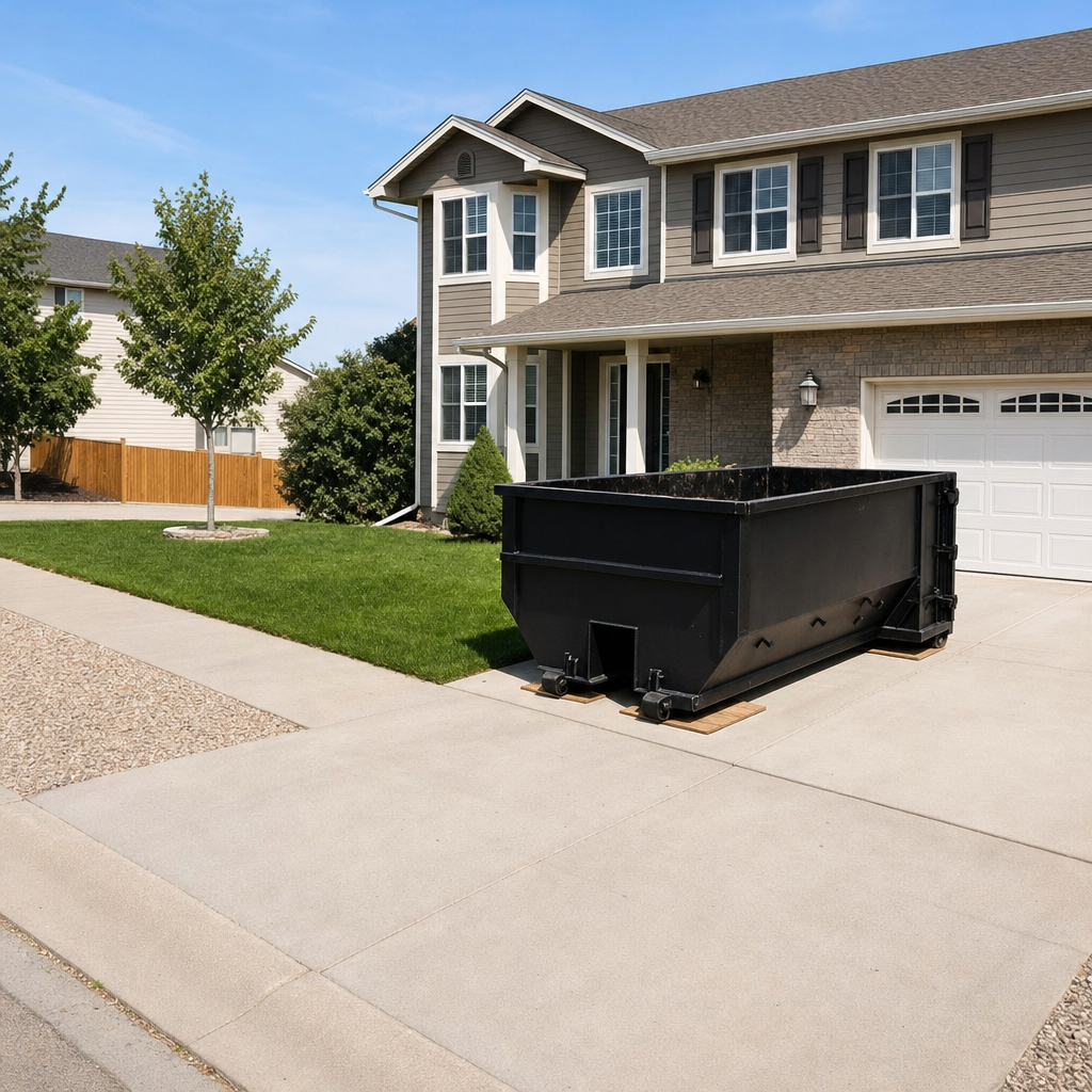 10-yard matte-black residential dumpster placed directly on a narrow Palo Alto concrete driveway, room remains for a parked sedan beside it, mid-morning natural light