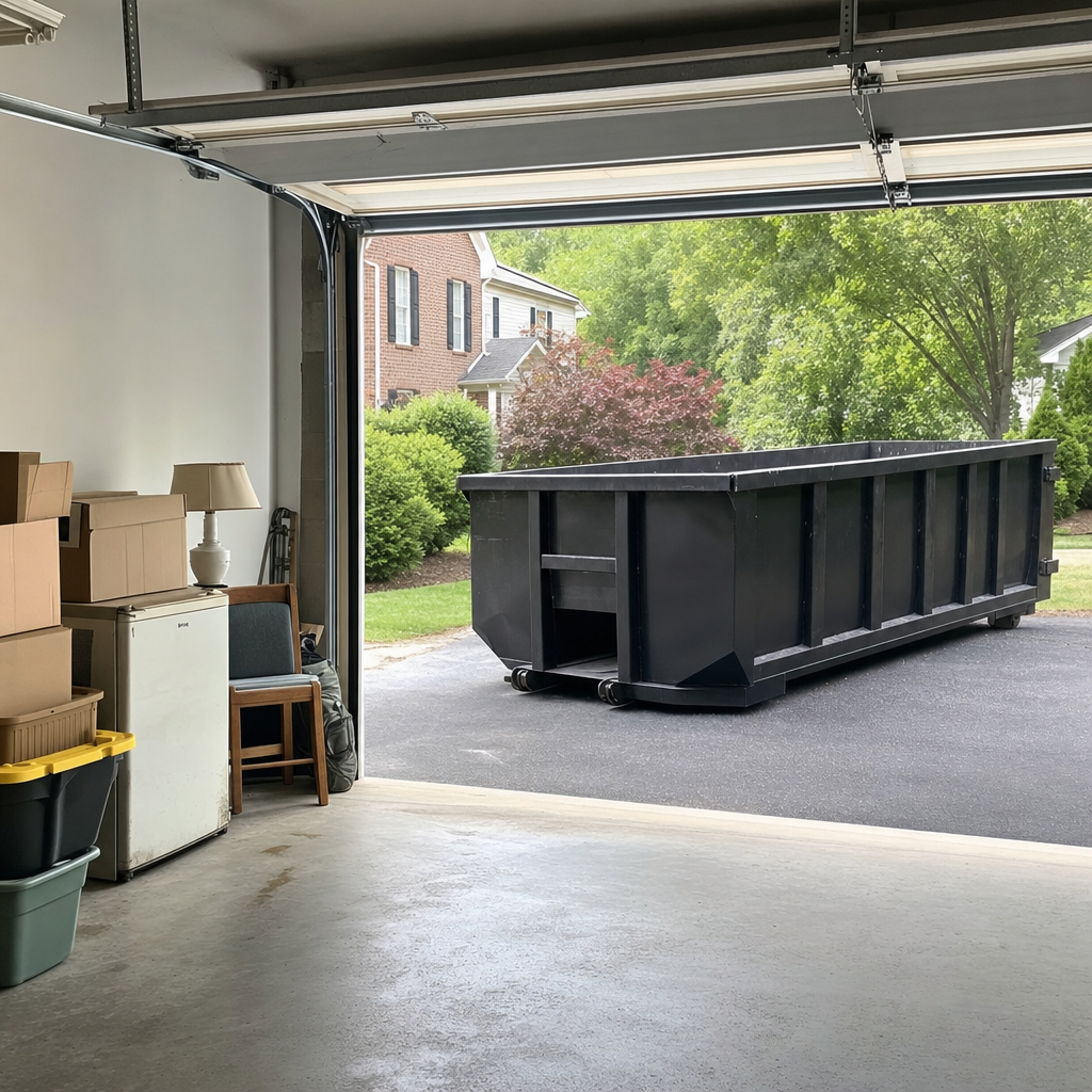 Open garage interior in a Palo Alto home mid-cleanout — boxed items, an old appliance, and stacked yard tools queued near the driveway for a matte-black roll-off dumpster, organized and calm