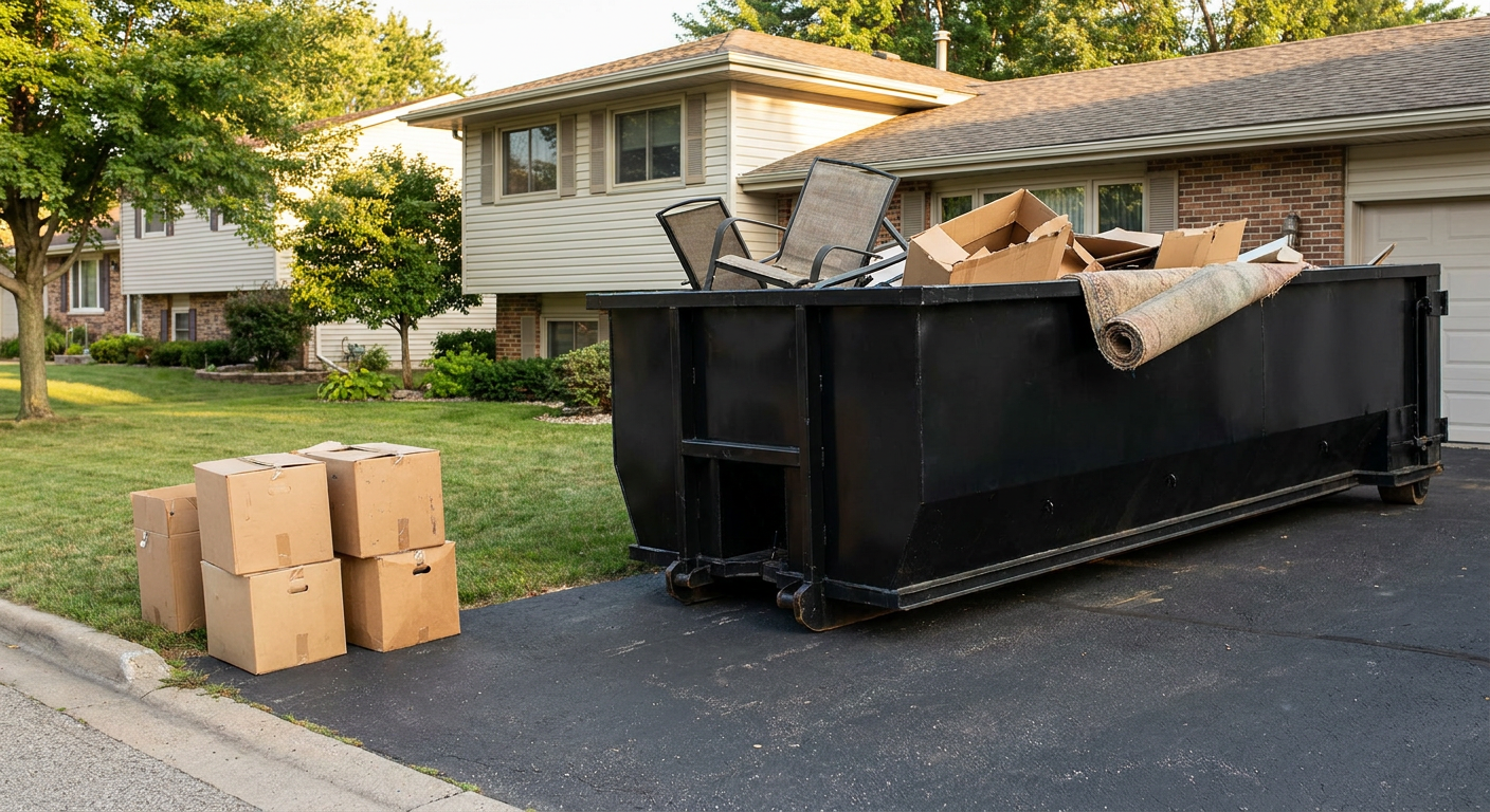 Front-yard view of a Palo Alto split-level home with a 20-yard matte-black roll-off dumpster sitting directly on the asphalt driveway, a few clearly labeled donation boxes staged at the curb, calm sunny afternoon.