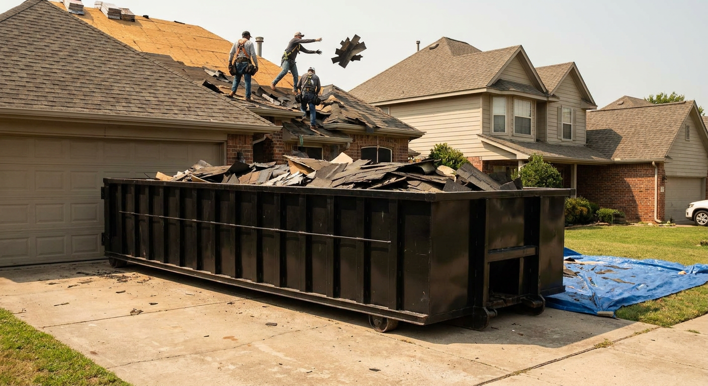 Matte-black roofing roll-off dumpster placed directly on a Palo Alto residential concrete driveway, a tear-off crew on a two-story asphalt-shingle roof tossing shingle bundles into the low-walled container, bright daylight, documentary 35mm perspective.
