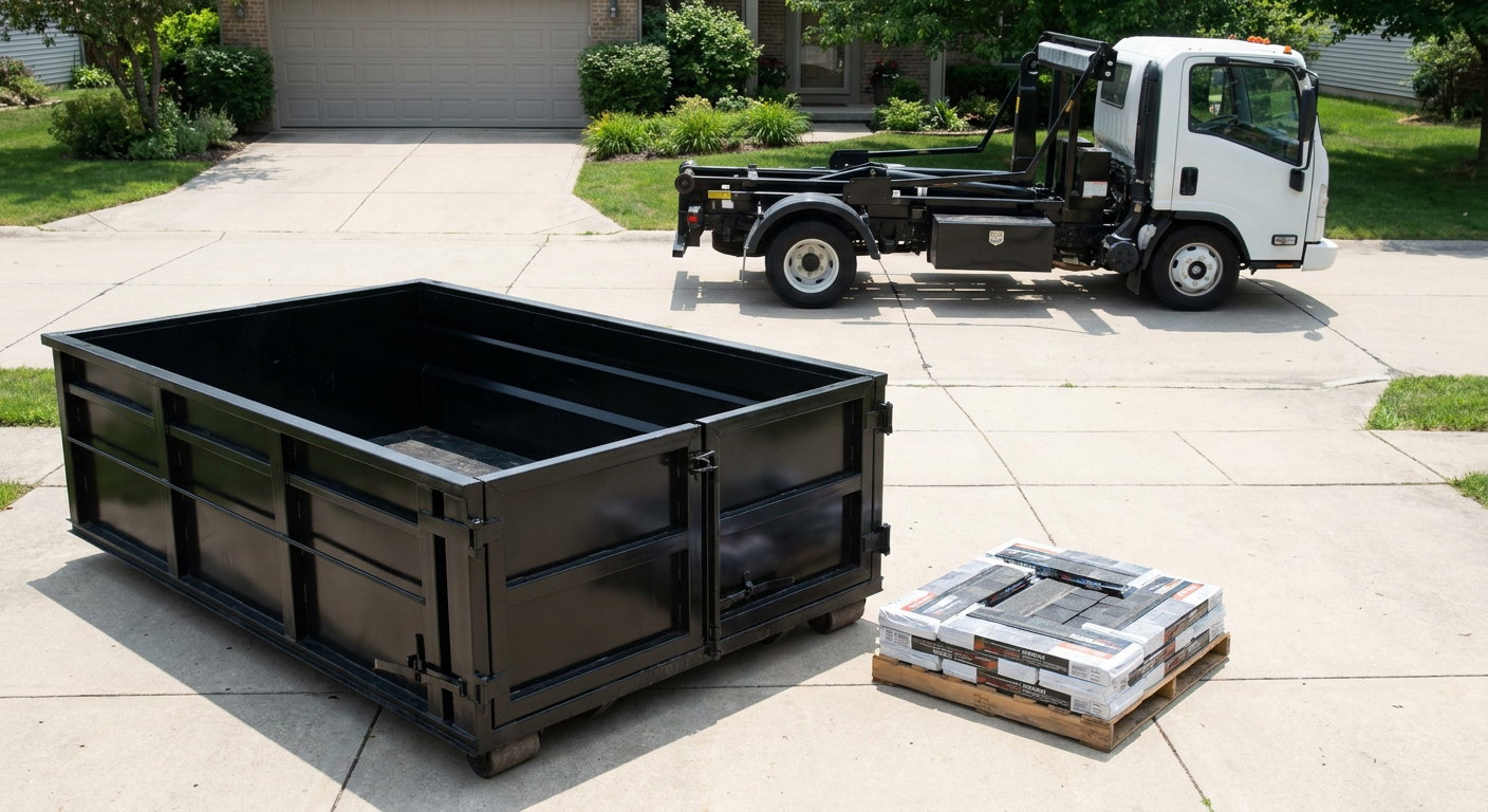 Matte-black 15-yard roofing roll-off dumpster with reinforced low side walls sitting directly on a Palo Alto residential concrete driveway, three-tab asphalt shingle bundles stacked nearby, an unmarked white hauler truck partially visible at the edge of the frame.