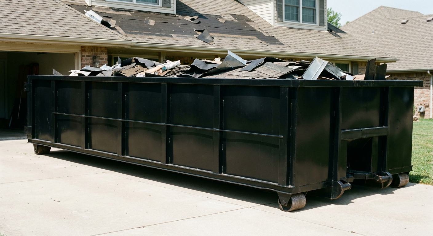 Matte-black 20-yard roofing roll-off dumpster with steel ribbed sides and swinging rear door, sitting directly on the concrete driveway of a two-story Palo Alto home, asphalt shingle debris being loaded over the low wall, clean documentary lighting.