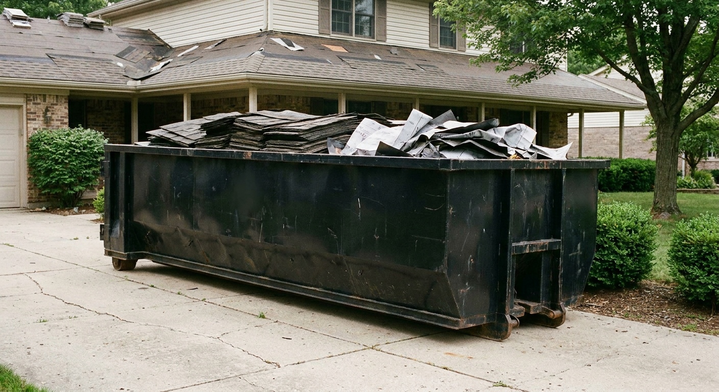 Matte-black 30-yard roofing roll-off dumpster sitting directly on a Palo Alto concrete driveway, taller ribbed steel side panels, mixed tear-off debris of asphalt shingles and underlayment inside, professional documentary daylight.