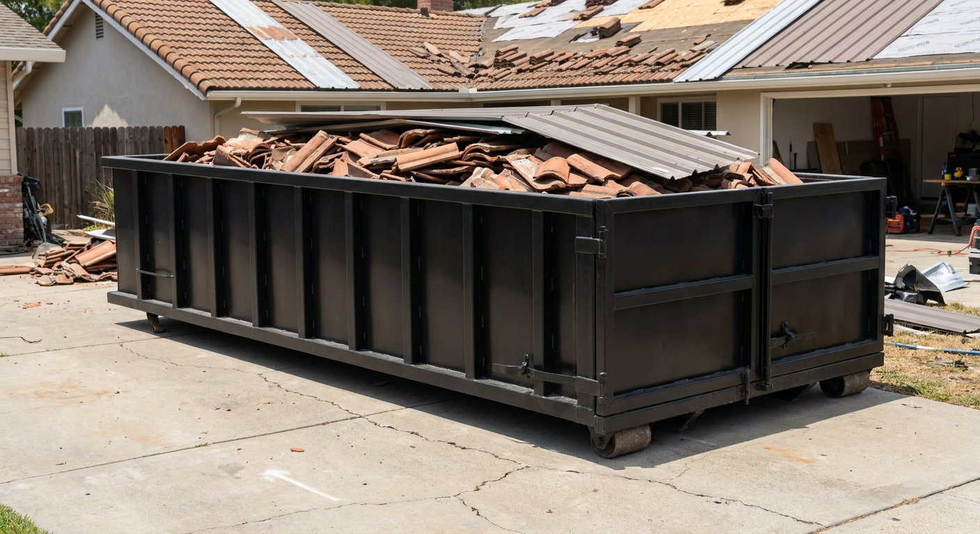 Matte-black low-wall heavy-debris roofing roll-off dumpster sitting directly on a Palo Alto concrete driveway, broken concrete clay roof tiles and metal panel sections loaded inside, reinforced ribbed steel side walls visible, bright outdoor daylight.