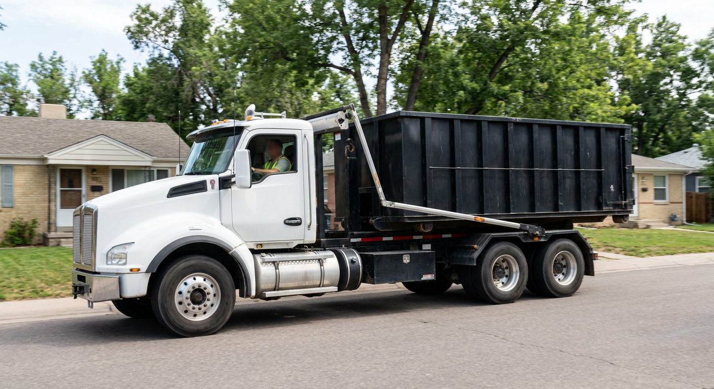 A wide documentary shot of a matte-black roll-off delivery truck pulling onto a quiet Palo Alto residential street at mid-morning, with neighborhood rooftops and tree-lined blocks visible behind, showing the metro coverage footprint.