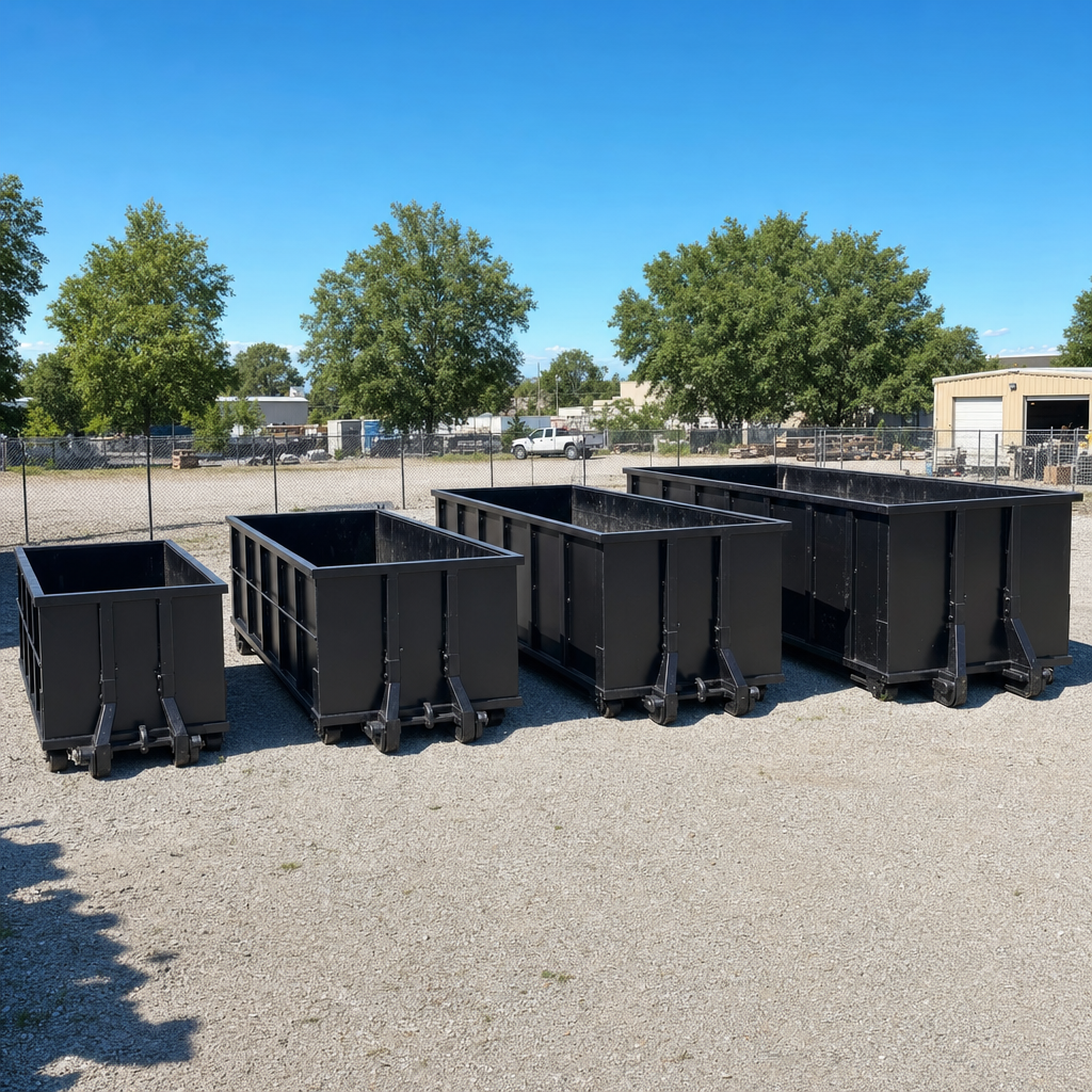A clean lineup of matte-black roll-off dumpsters in 10, 20, 30, and 40-yard sizes staged on a sunlit gravel yard in Palo Alto, showing the size progression from compact to commercial-scale containers.