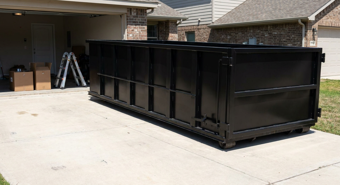 A matte-black 10-yard roll-off dumpster sitting directly on a residential Palo Alto concrete driveway, mid-day sunlight, clean and ready for a garage cleanout.