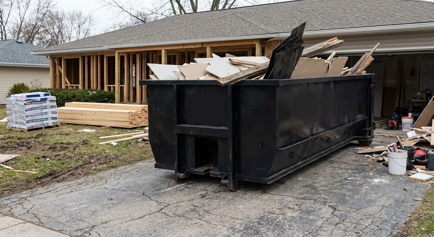 A matte-black 20-yard roll-off dumpster placed alongside a mid-renovation Palo Alto home directly on the asphalt driveway, with framing materials and torn-off shingles staged neatly nearby.