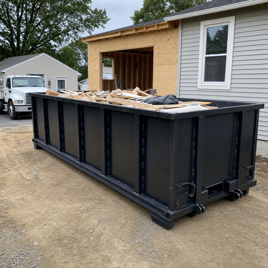 A matte-black 30-yard roll-off dumpster positioned at a Palo Alto residential addition jobsite, with framing lumber and drywall scraps loaded through the open swinging rear doors.