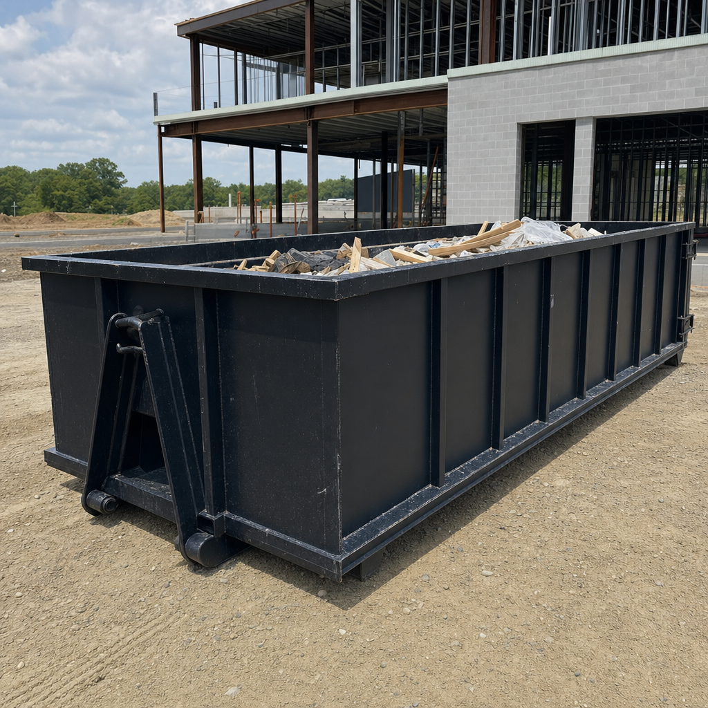 A matte-black 40-yard roll-off dumpster staged on a large Palo Alto commercial construction lot, with a hooklift delivery truck parked alongside under bright midday sky.