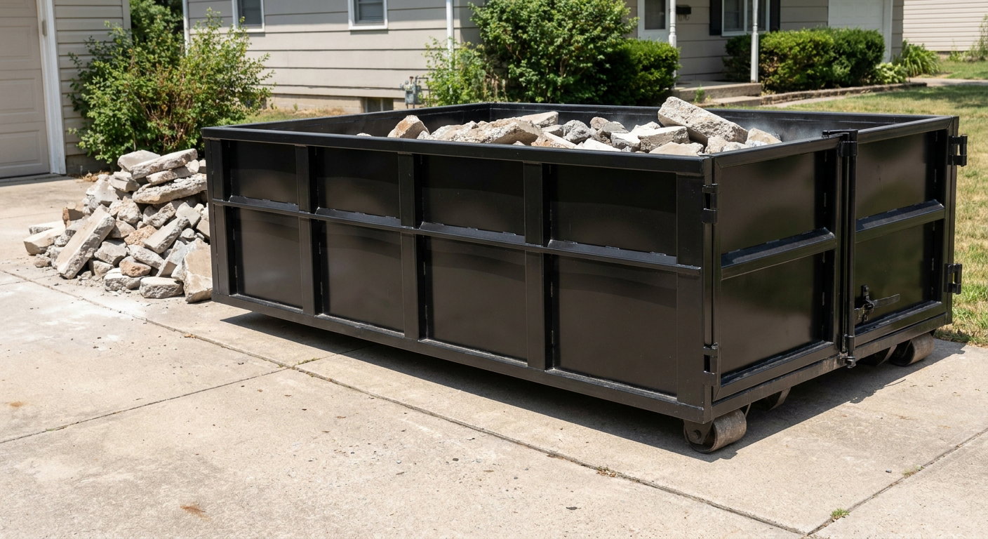 A matte-black low-side heavy-debris roll-off dumpster placed directly on a Palo Alto concrete driveway, with broken concrete chunks neatly stacked beside it under clean daylight.
